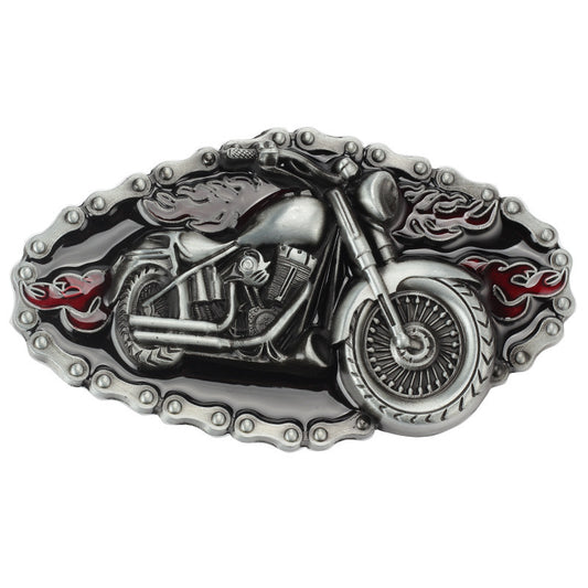 Biker Motorcycle Rider Belt Buckle - Flaming Chopper with Chain Border