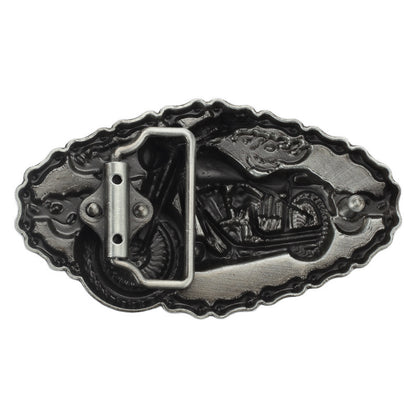 Biker Motorcycle Rider Belt Buckle - Flaming Chopper with Chain Border