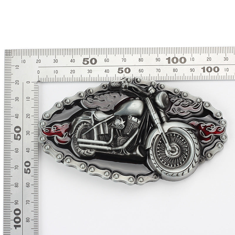 Biker Motorcycle Rider Belt Buckle - Flaming Chopper with Chain Border