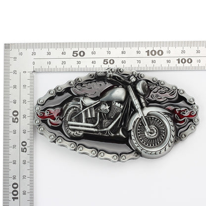 Biker Motorcycle Rider Belt Buckle - Flaming Chopper with Chain Border
