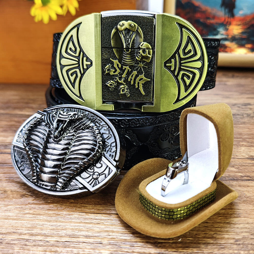 Western Snake Belt with Concealed Lighter, Utility Tool Buckle & EDC Ring Set