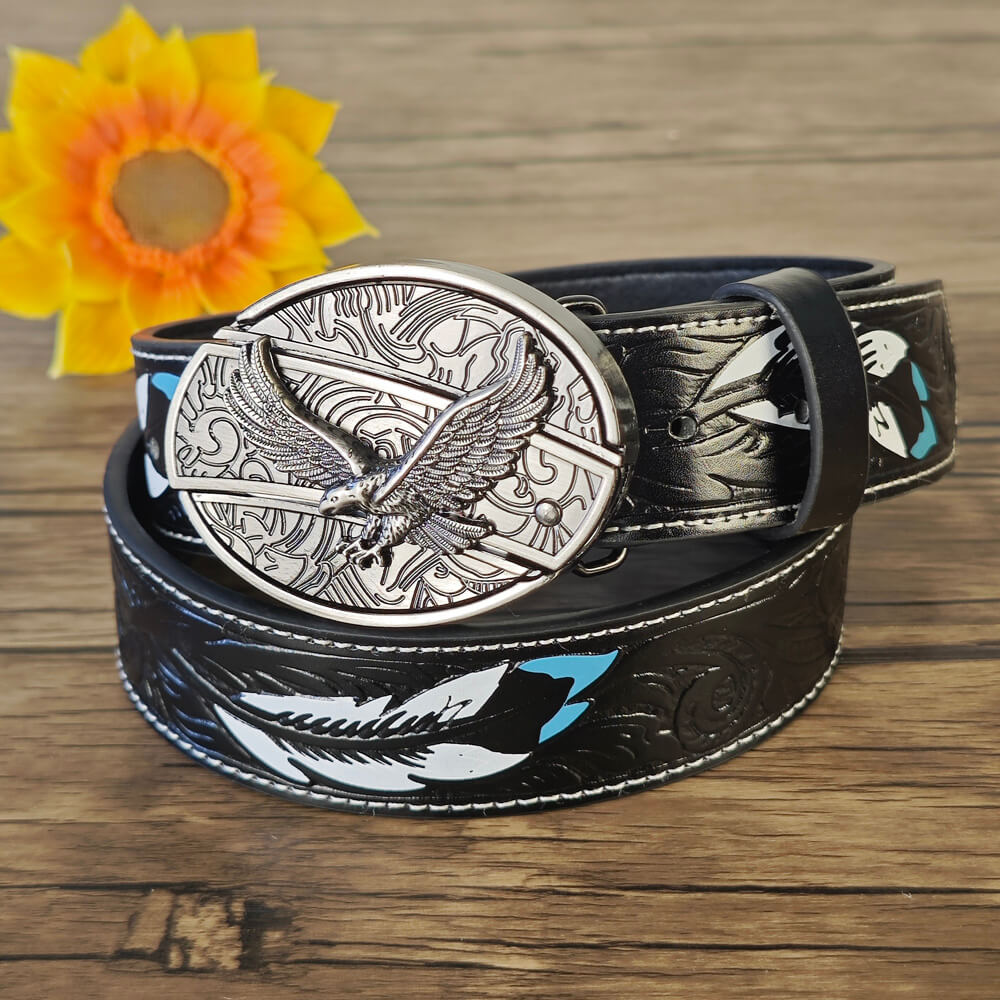 Feather Embossed Black Leather Belt