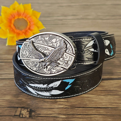 Feather Embossed Black Leather Belt