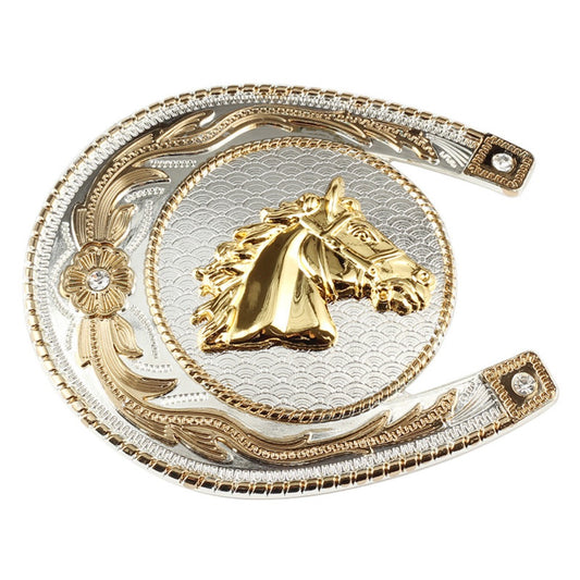 Two-Tone Horseshoe Horse Head Belt Buckle - Western Rodeo Style