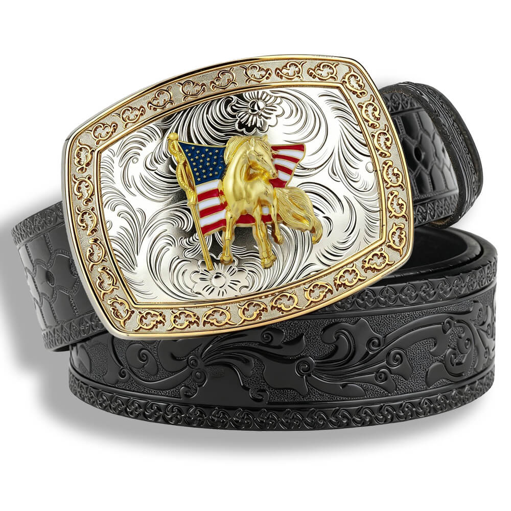 Two-Tone Galloping Horse Western Leather Belt