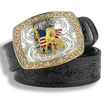Two-Tone Galloping Horse Western Leather Belt