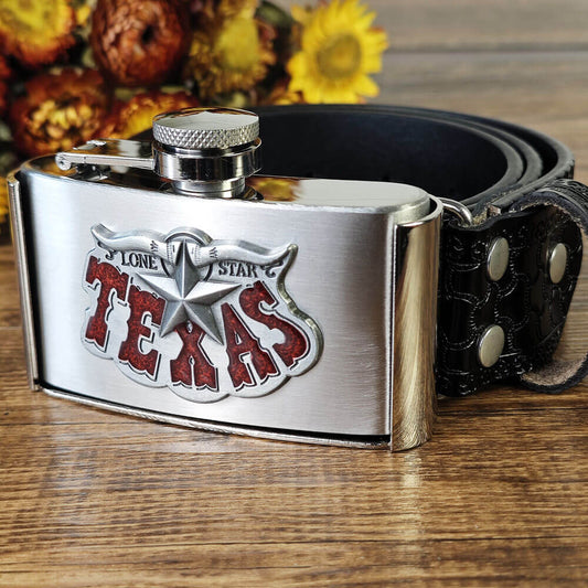 Texas Lone Star Flask Belt – Genuine Leather Western Belt