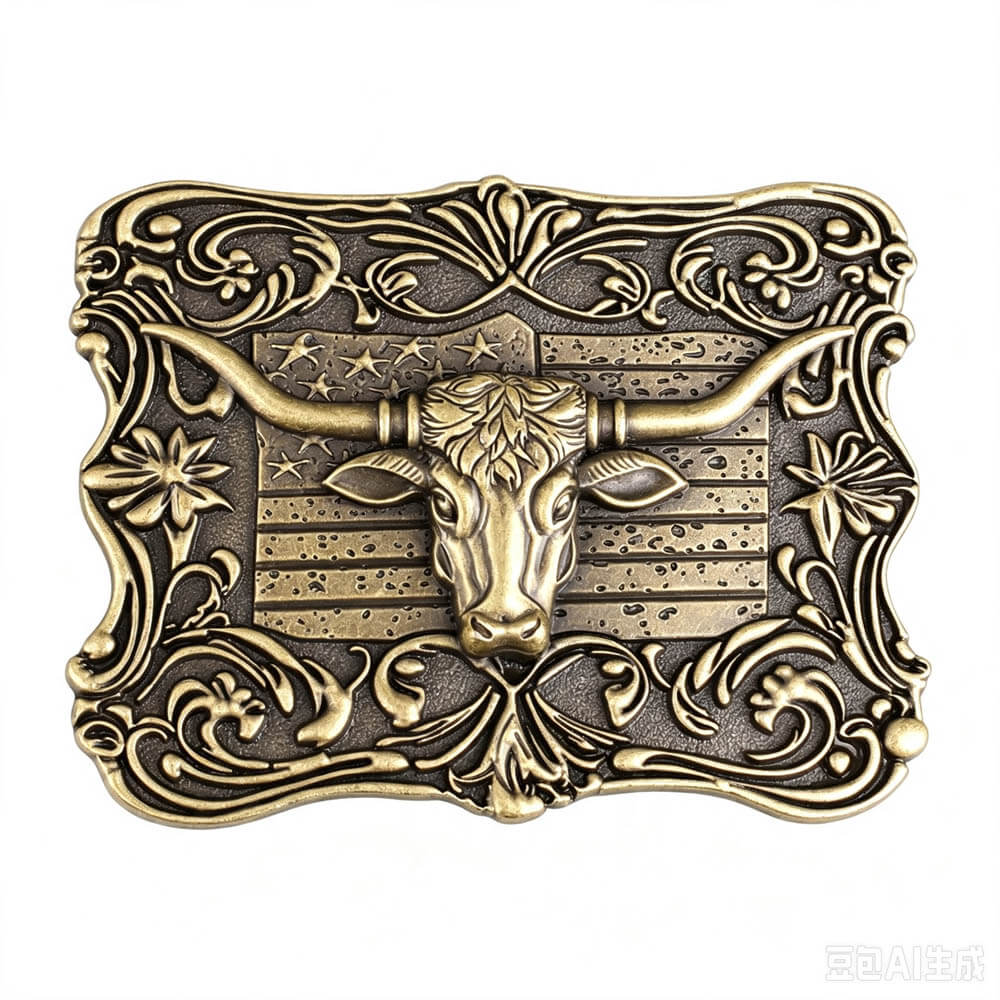 Vintage Bronze Texas Longhorn American Flag Belt Buckle