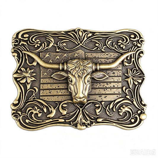 Vintage Bronze Texas Longhorn American Flag Belt Buckle