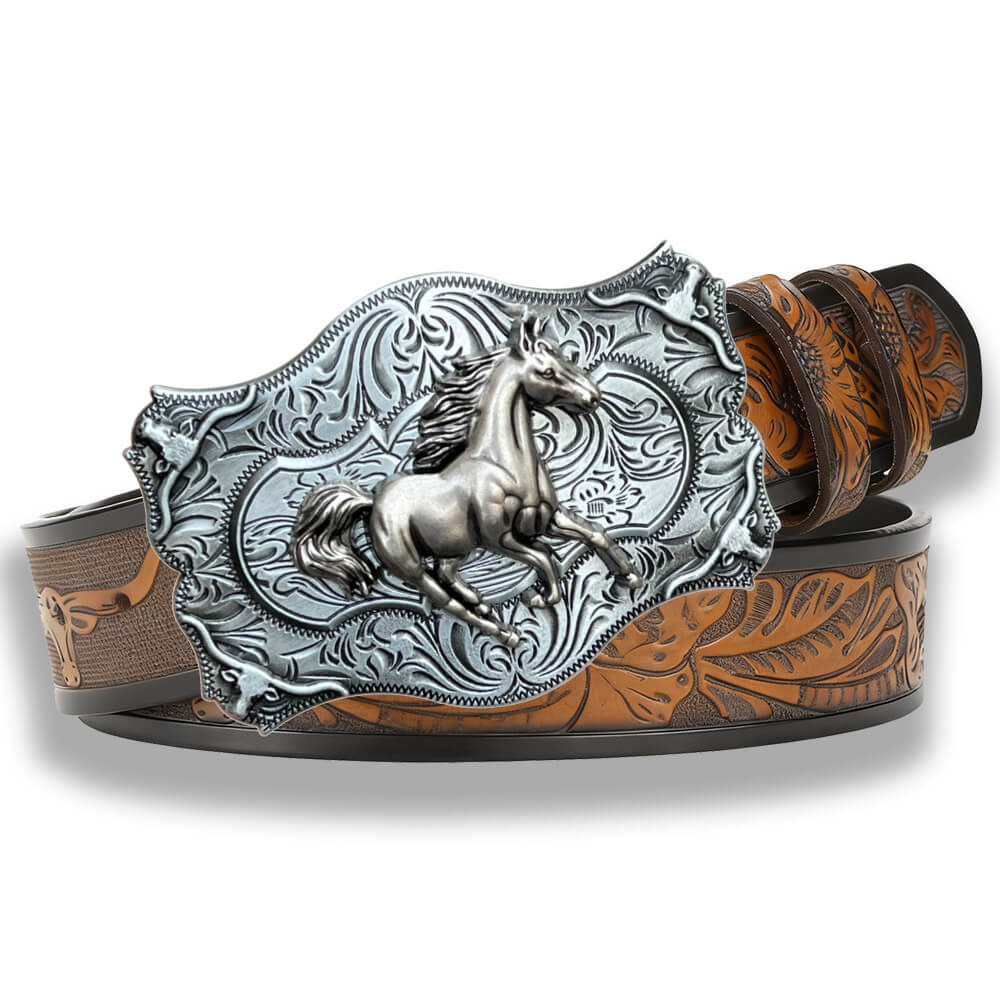 Galloping Horse Western Bull Embossed Leather Belt