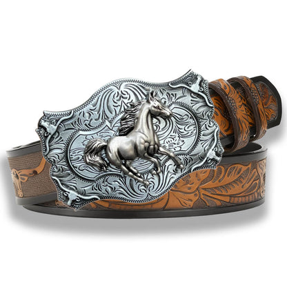 Galloping Horse Western Bull Embossed Leather Belt
