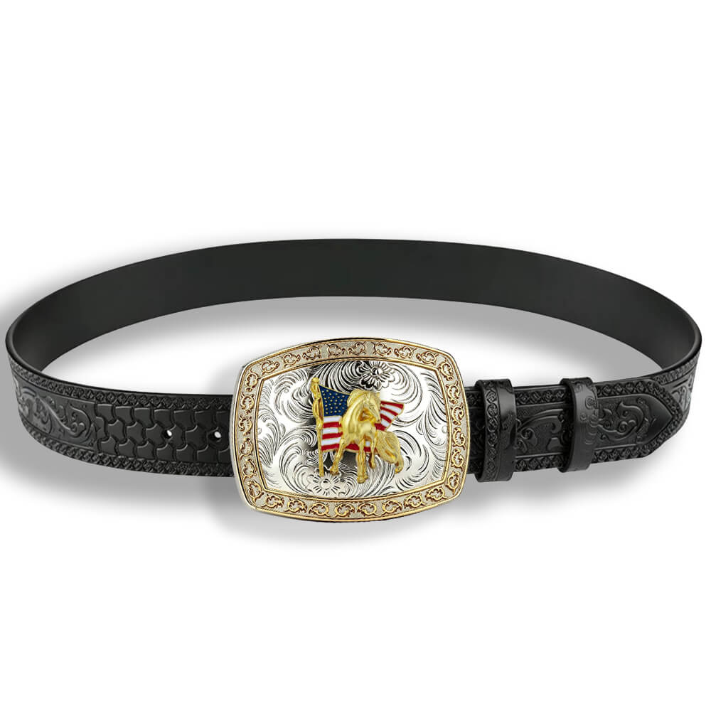 Two-Tone Galloping Horse Western Leather Belt
