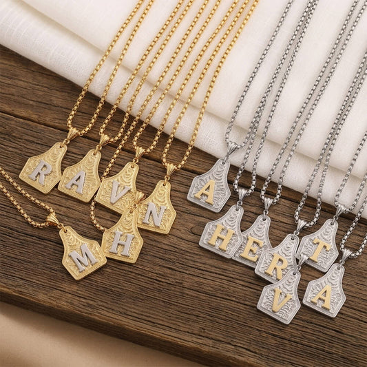 Personalized Western Initial Necklace - Vintage Cow Tag Pendant