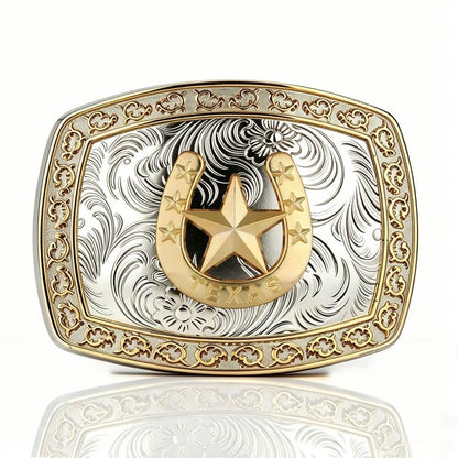 Two-Tone Golden Horse Western Floral Belt Buckle
