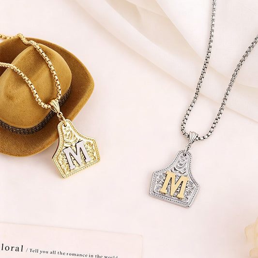 Personalized Western Initial Necklace - Vintage Cow Tag Pendant