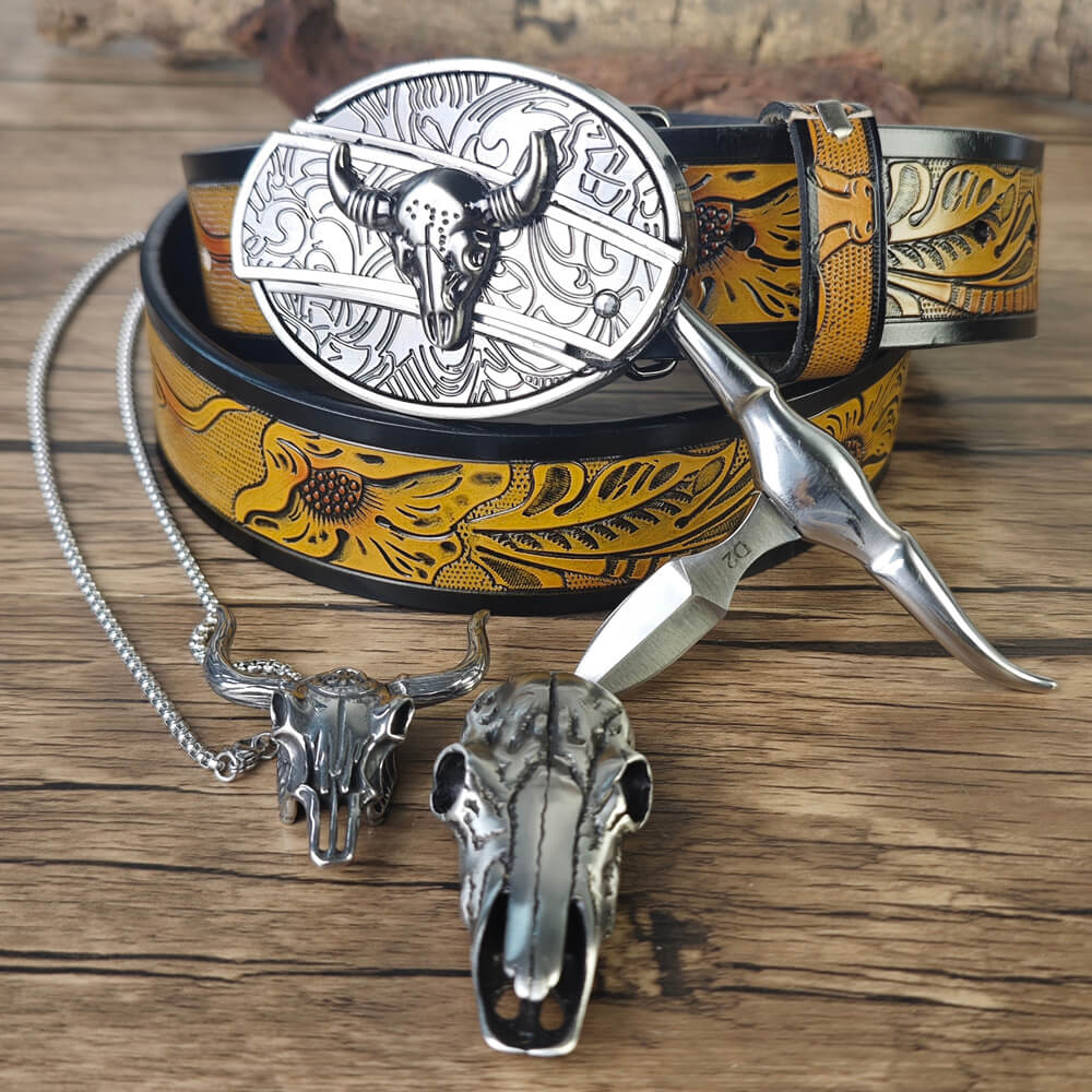 Western Bull Skull Accessory Set – Brown Belt & Necklace Combo (3-Piece)