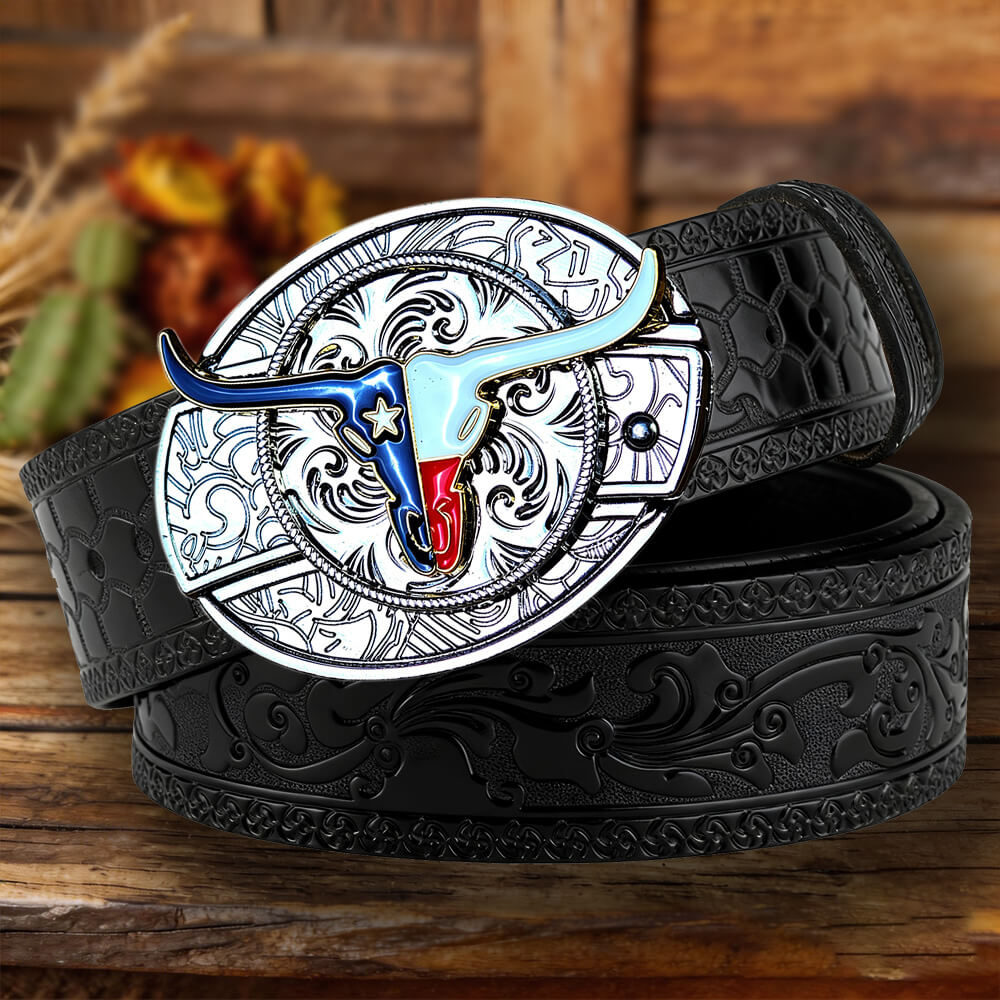 Western Embossed Leather Belt with Two-Tone Utility Buckle
