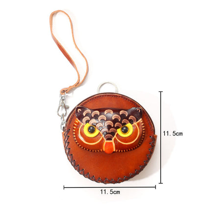 Handmade Genuine Leather Owl Coin Purse & Wristlet Pouch