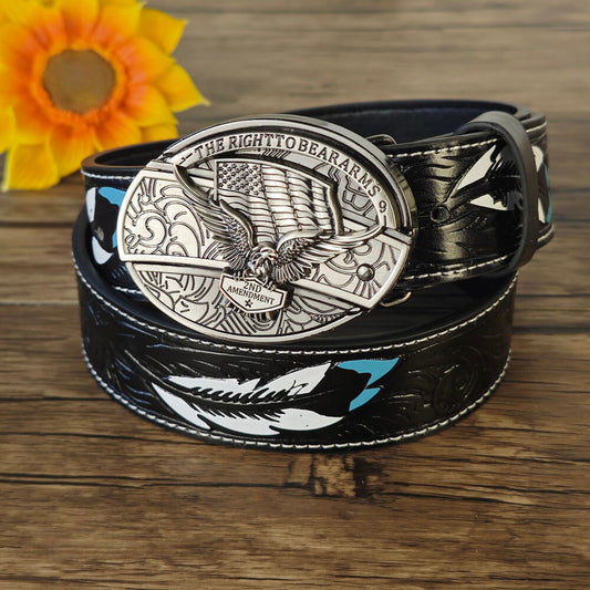 Feather Embossed Black Leather Belt