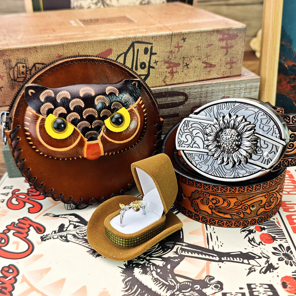 Western Sunflower Belt with Concealed Utility Tool, 3D Owl Leather Pouch & Ring Set