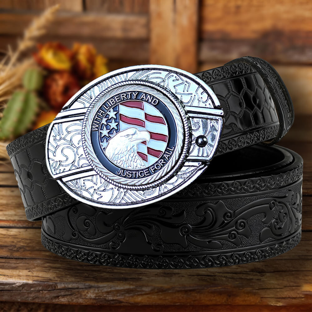 Western Embossed Leather Belt with Two-Tone Utility Buckle