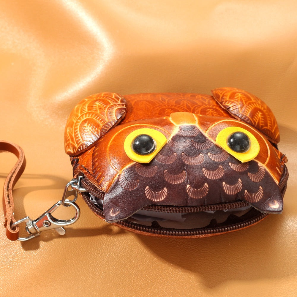 Handmade Leather 3D Owl Coin Purse & Wristlet Pouch