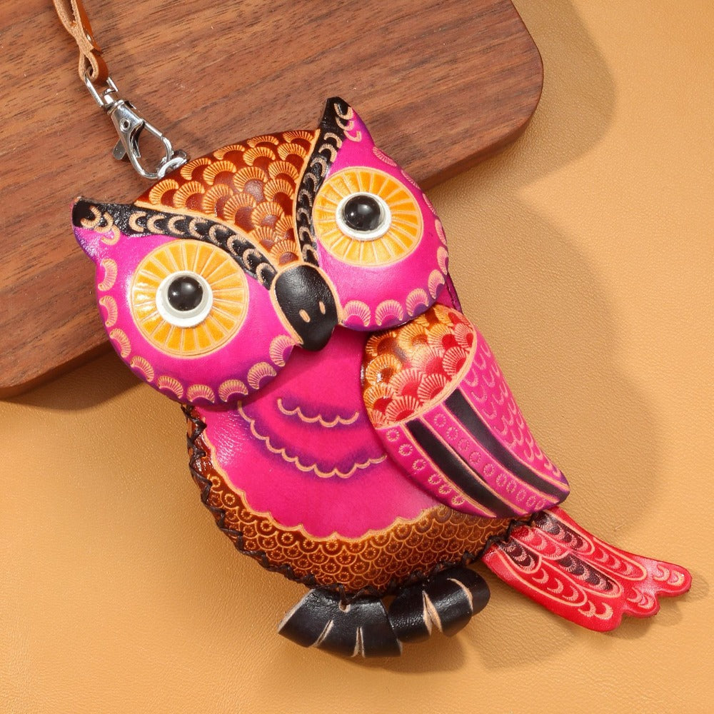 Handmade Leather Vibrant Magenta 3D Owl Coin Purse & Wristlet Pouch