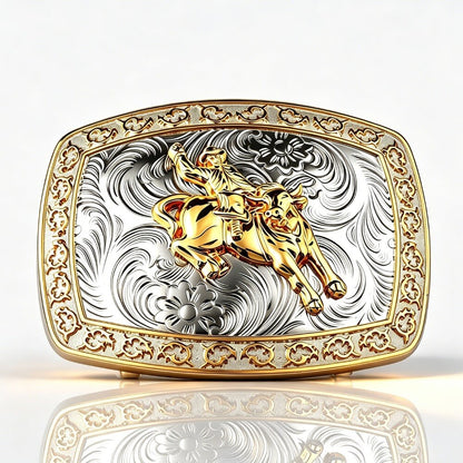 Two-Tone Golden Horse Western Floral Belt Buckle