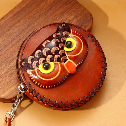 Handmade Genuine Leather Owl Coin Purse & Wristlet Pouch