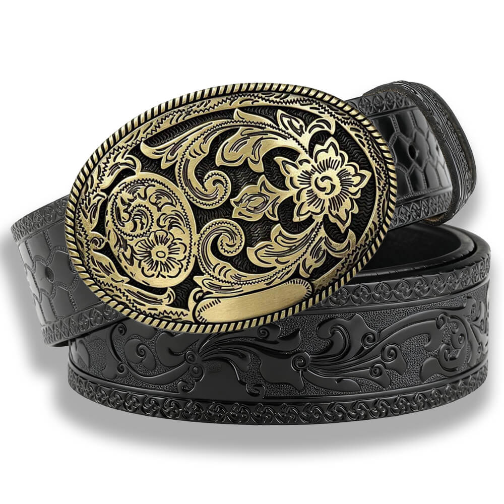 Vintage Floral Engraved Western Embossed Leather Belt