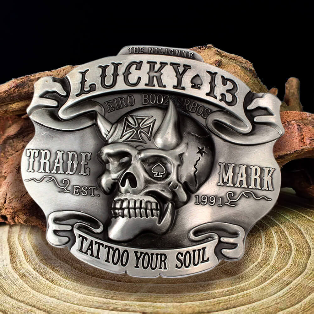 Antique Silver Lucky 13 Devil Skull Belt Buckle with Iron Cross
