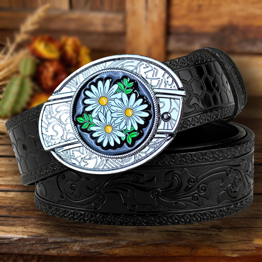 Western Embossed Leather Belt with Two-Tone Utility Buckle