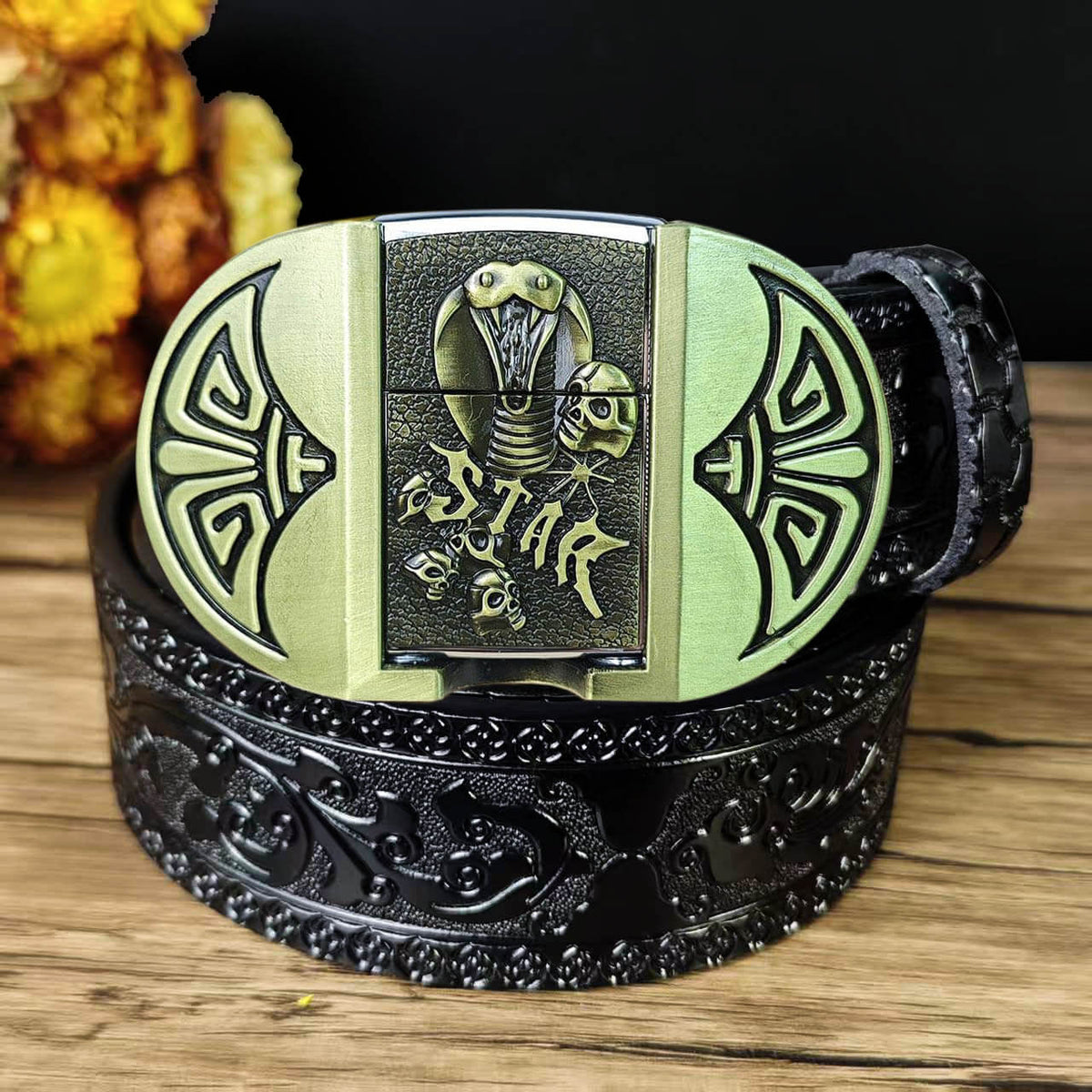 Western Embossed Leather Belt & Lighter Buckle
