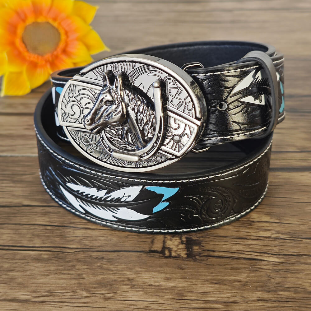 Feather Embossed Black Leather Belt