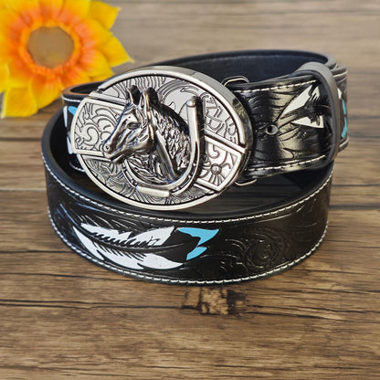 Feather Embossed Black Leather Belt