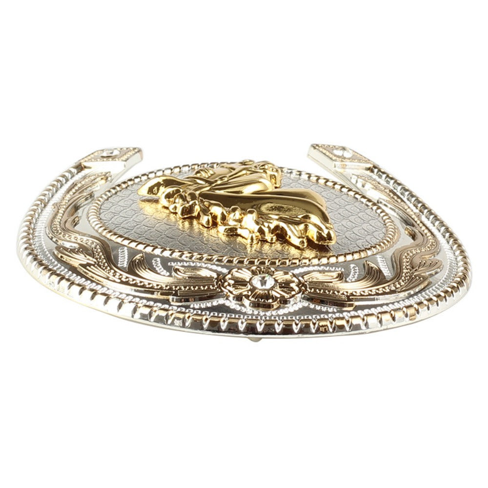 Two-Tone Horseshoe Horse Head Belt Buckle - Western Rodeo Style
