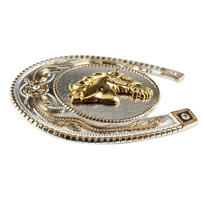 Two-Tone Horseshoe Horse Head Belt Buckle - Western Rodeo Style