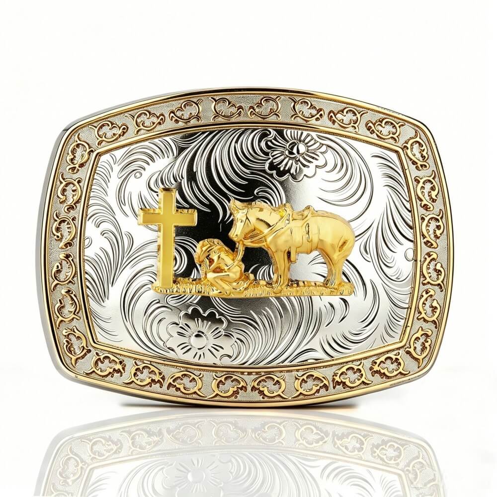 Two-Tone Golden Horse Western Floral Belt Buckle
