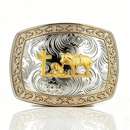 Two-Tone Golden Horse Western Floral Belt Buckle