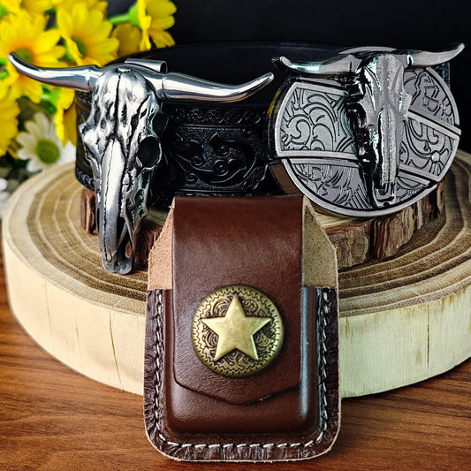 Western EDC Gear Set – Belt Buckle, Horn Necklace & Leather Lighter Holster