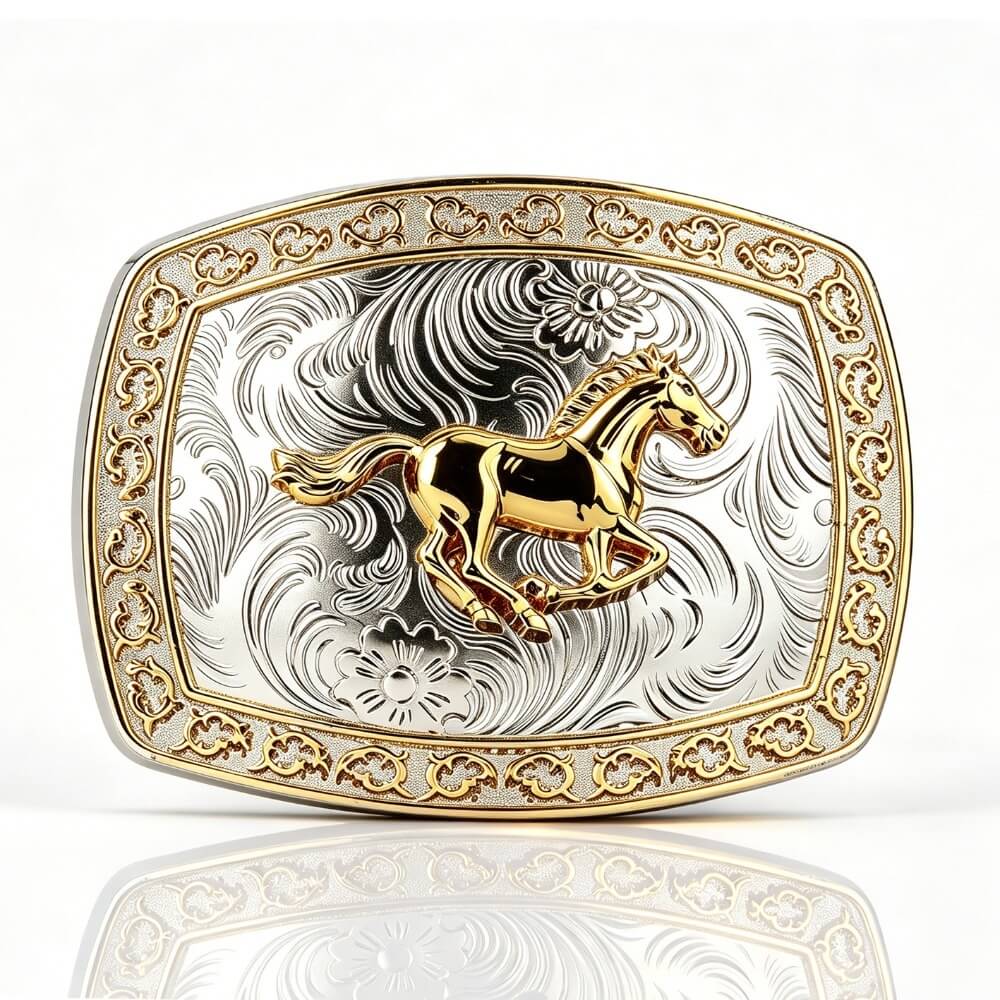 Two-Tone Golden Horse Western Floral Belt Buckle