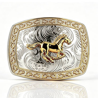 Two-Tone Golden Horse Western Floral Belt Buckle