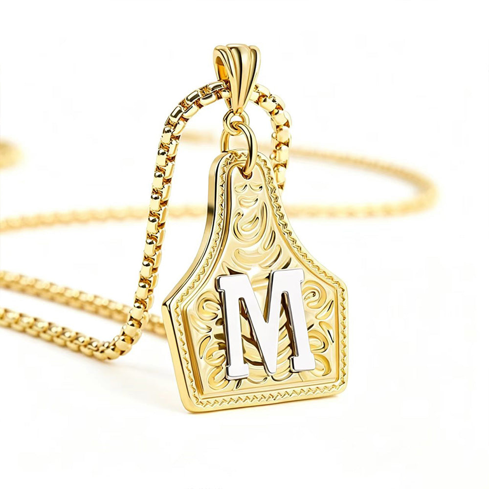 Personalized Western Initial Necklace - Vintage Cow Tag Pendant