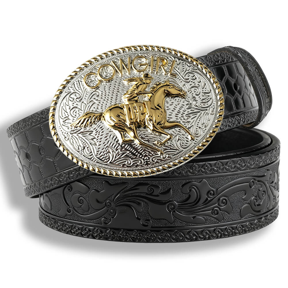 Two-Tone "Cowgirl Up" Cowboy Hat Western Black Embossed Leather Belt