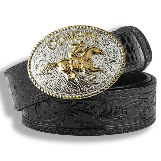 Two-Tone "Cowgirl Up" Cowboy Hat Western Black Embossed Leather Belt