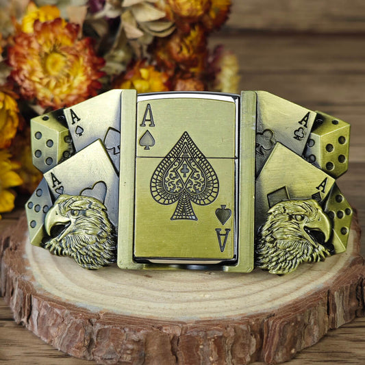Poker Face Lighter Belt Buckle - Antique Bronze Western Style