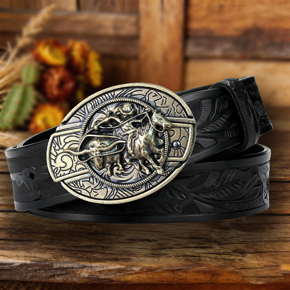 Western Cowboy Leather Belt with Practical Utility Buckle