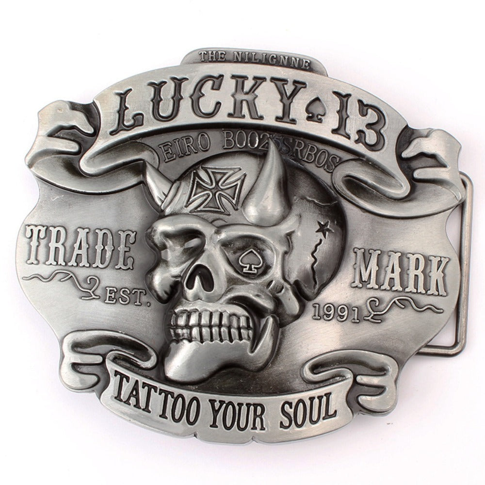 Antique Silver Lucky 13 Devil Skull Belt Buckle with Iron Cross