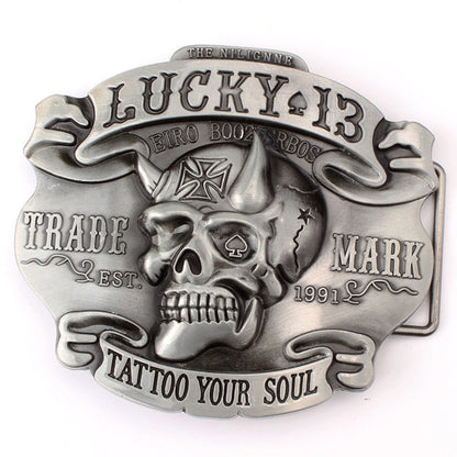 Antique Silver Lucky 13 Devil Skull Belt Buckle with Iron Cross
