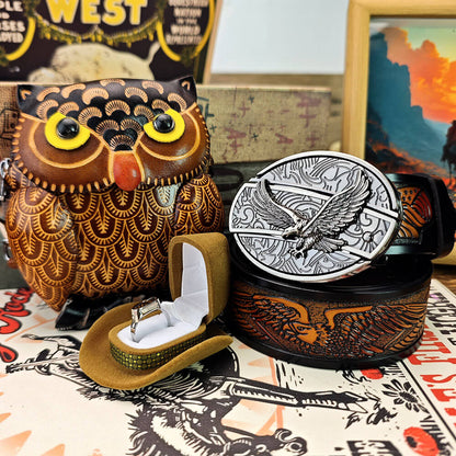 Western Eagle Belt with Concealed Utility Tool, 3D Owl Leather Pouch & Ring Set